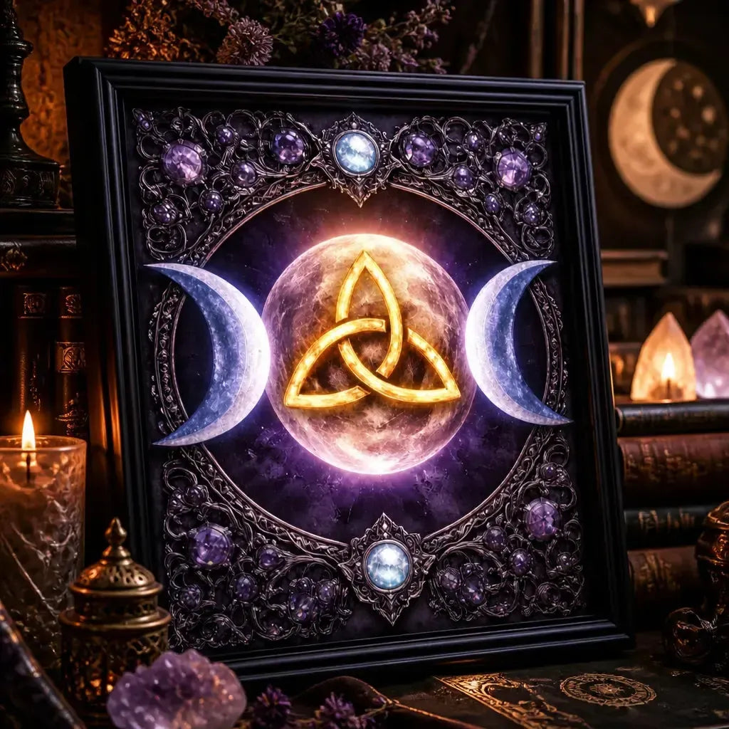 Pagan Triple Moon & Triquetra Black Framed Art Print - Wicca Canvas Wall Art for Sacred Decor_mockup_3.webp