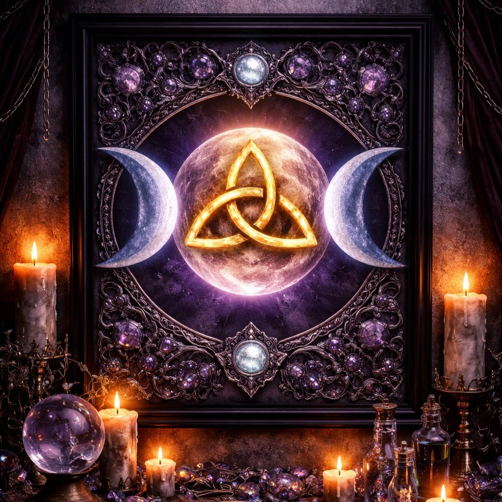 Pagan Triple Moon & Triquetra Black Framed Art Print - Wicca Canvas Wall Art for Sacred Decor-MoonChildWorld