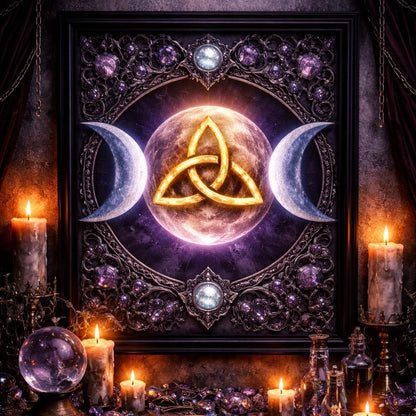 Pagan Triple Moon & Triquetra Black Framed Art Print - Wicca Canvas Wall Art for Sacred Decor-MoonChildWorld