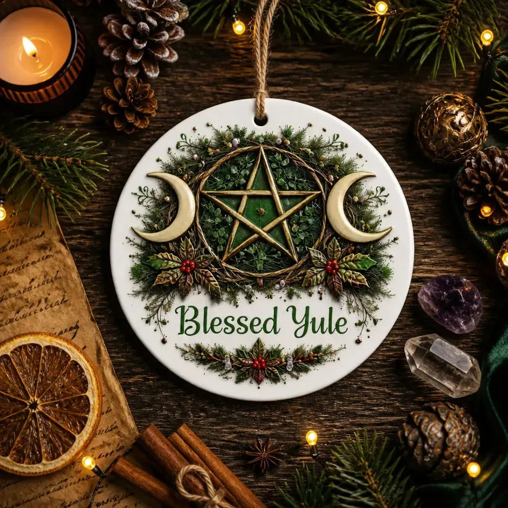 Pagan Triple Moon Wicca Yule Ceramic Ornament – Witchy Christmas Decor_mockup_3.webp