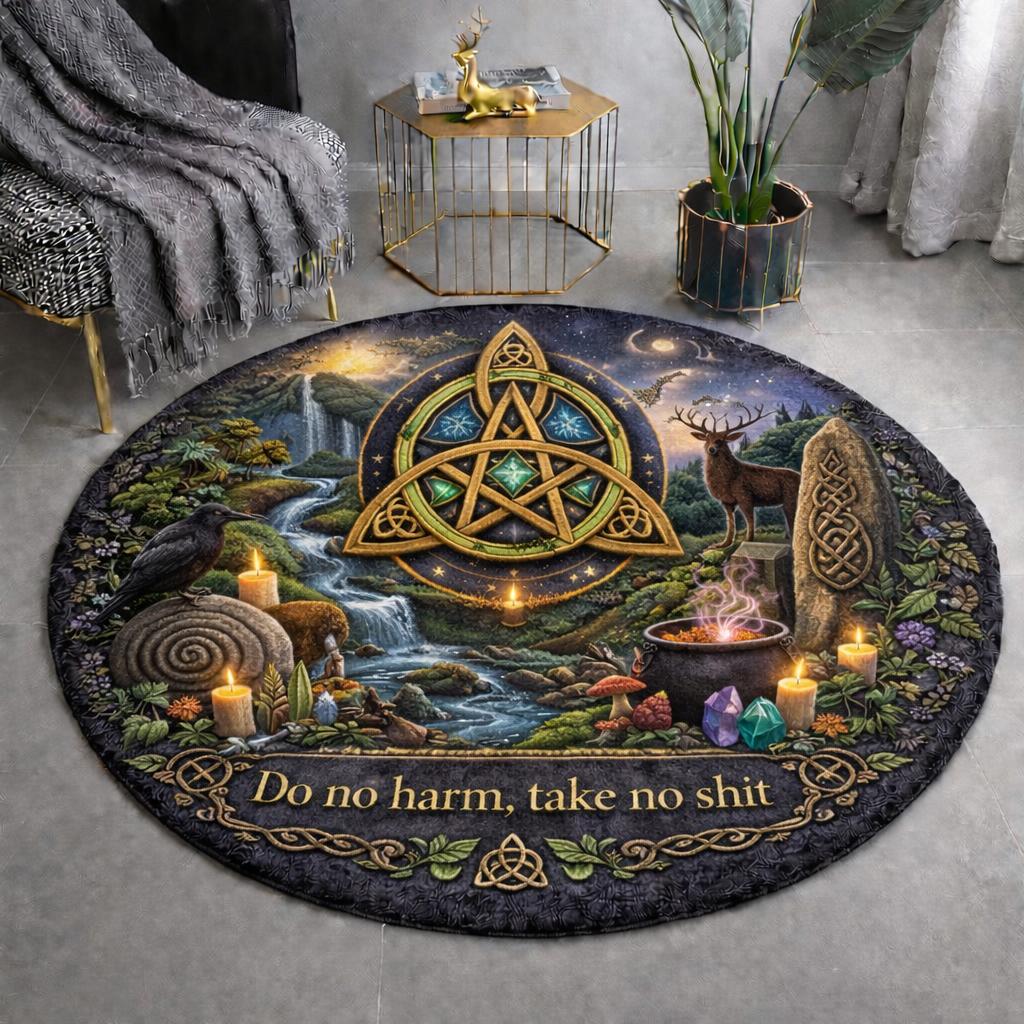 Round pagan triquetra Celtic knot rug with a mystical forest, deer, raven, cauldron, and "Do no harm, take no shit" text.