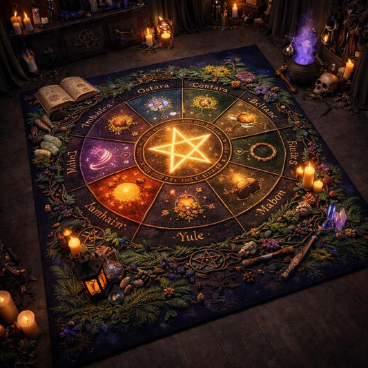 Pagan Wheel of year & Pentagram Area Rug – Spiritual Wicca Carpet for Witchy Decor-MoonChildWorld