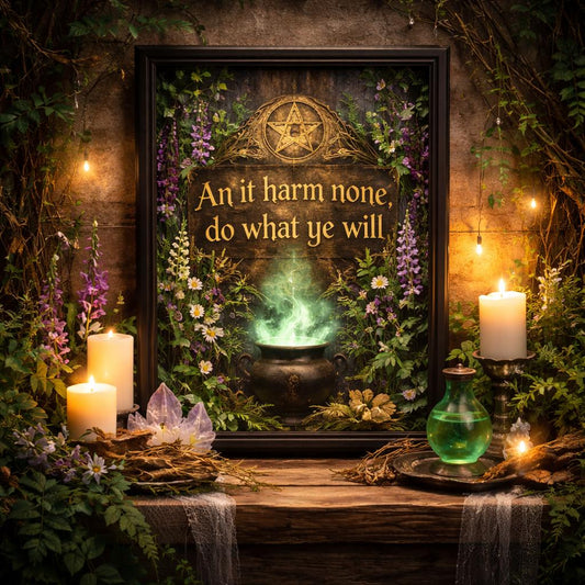 Black framed Pagan wall art with "An' it harm none, do what ye will" text, a glowing cauldron, and purple flowers.