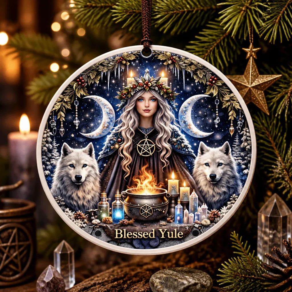 Pagan Yule Goddess Ceramic Ornament with Moon, Wolves – Wiccan Moon Goddess Yule Ornament_mockup_1.webp