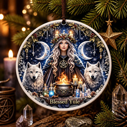 Pagan Yule Goddess Ceramic Ornament with Moon, Wolves – Wiccan Moon Goddess Yule Ornament_mockup_1.webp