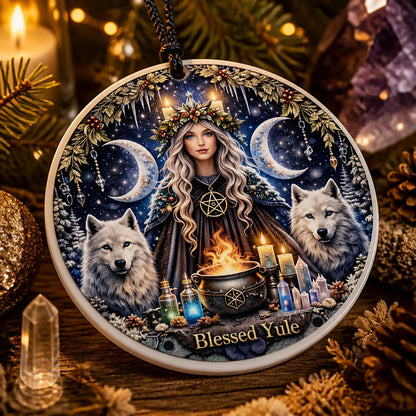 Pagan Yule Goddess Ceramic Ornament with Moon, Wolves – Wiccan Moon Goddess Yule Ornament_mockup_2.webp