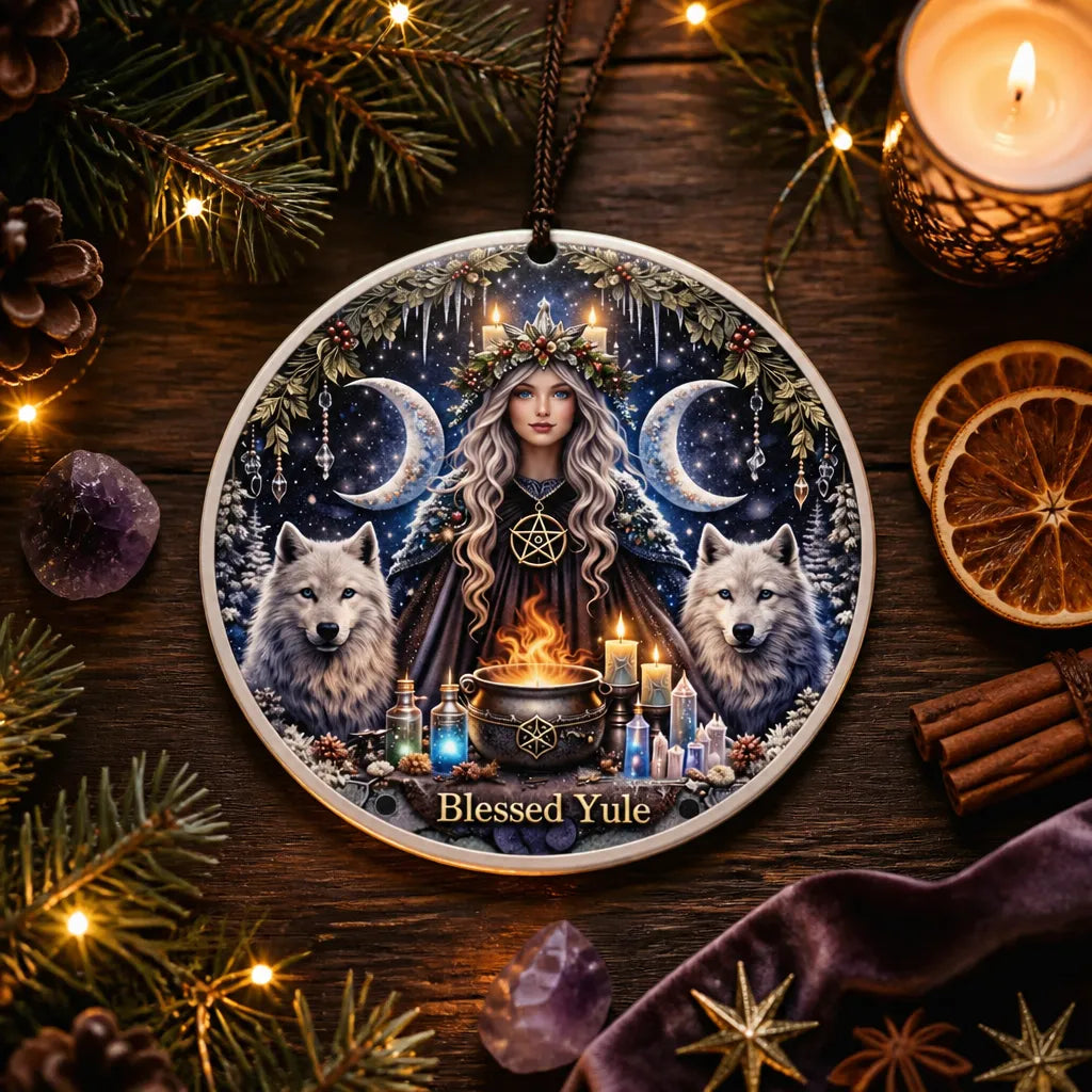 Pagan Yule Goddess Ceramic Ornament with Moon, Wolves – Wiccan Moon Goddess Yule Ornament_mockup_3.webp