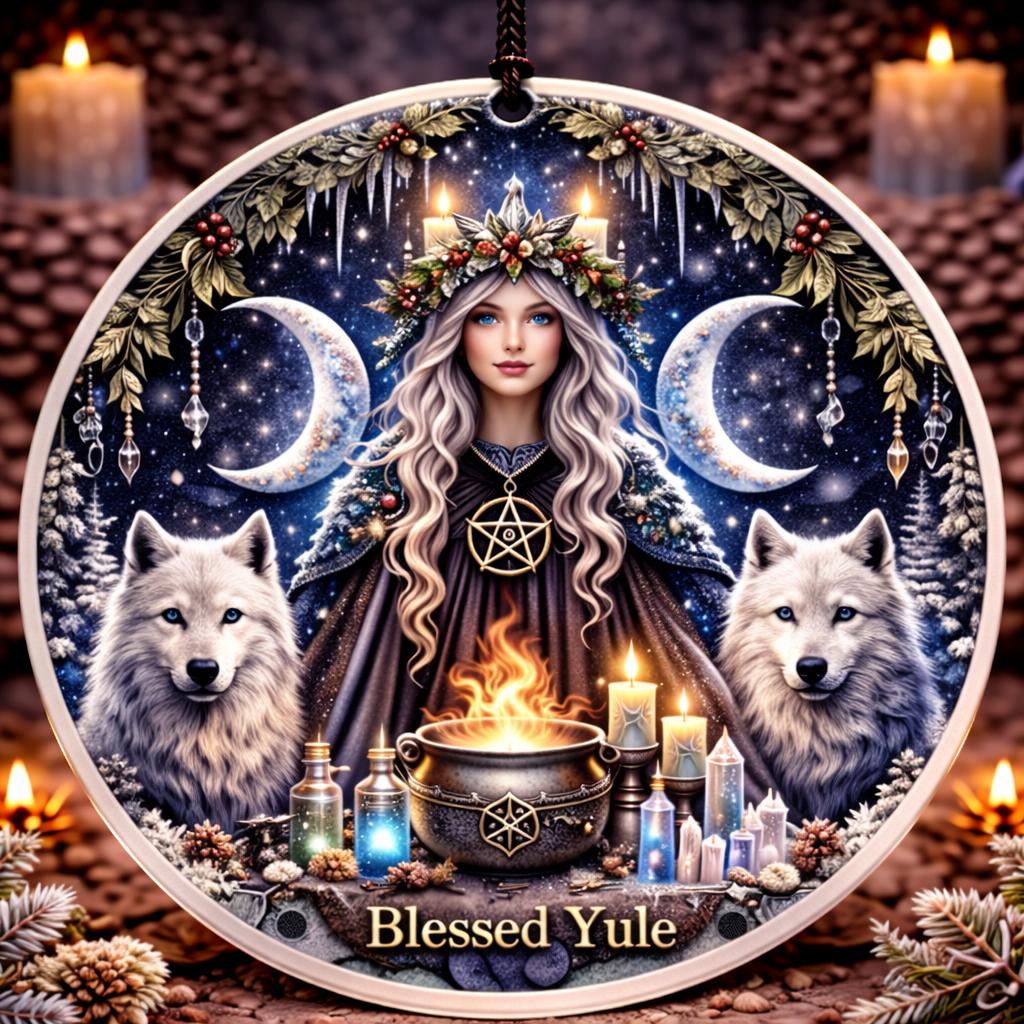 Pagan Yule Goddess Ceramic Ornament with Moon, Wolves – Wiccan Moon Goddess Yule Ornament-MoonChildWorld