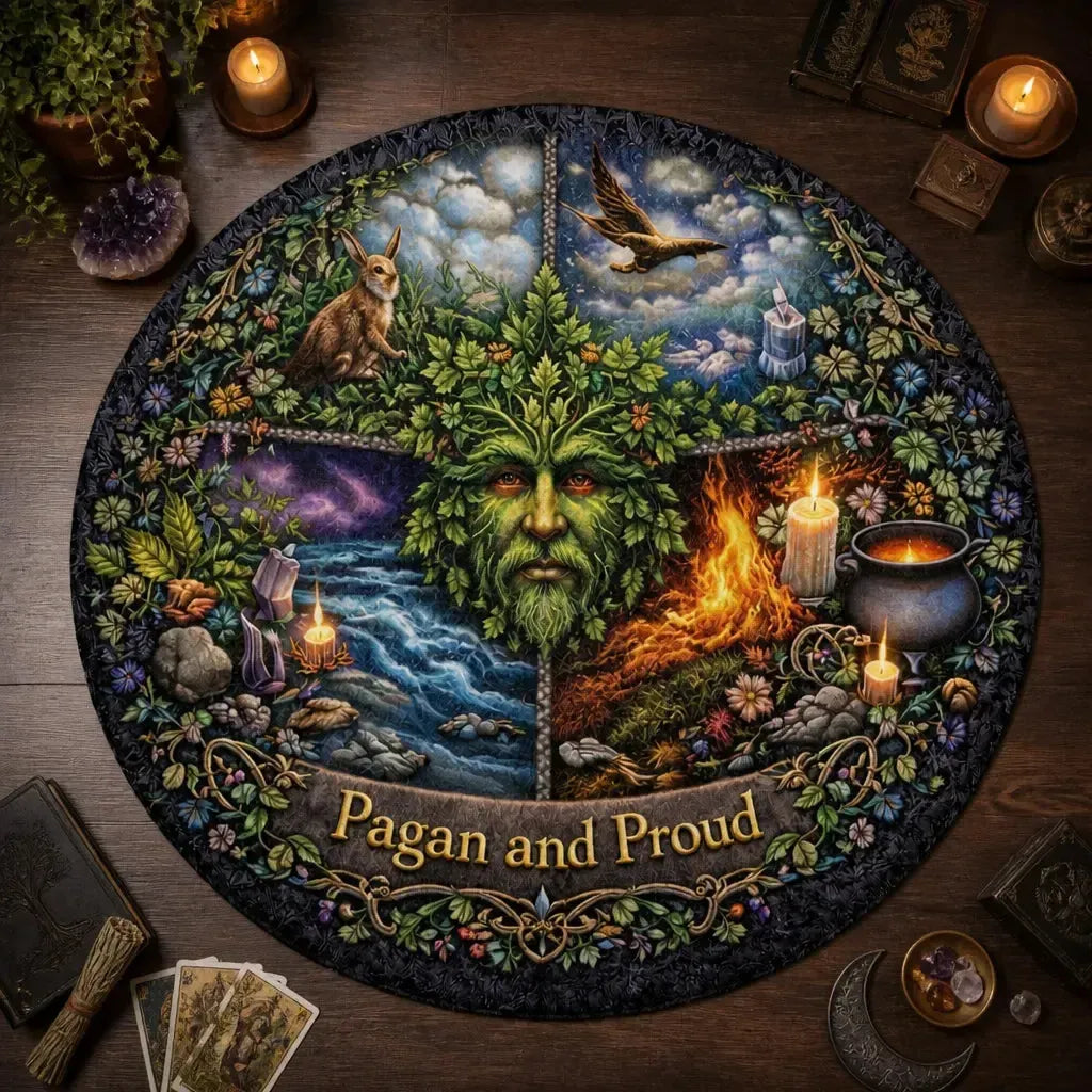 Pagan and Proud Round Rug Green Man Wiccan Carpet for Pagan Yule Home Decor_mockup_2.webp