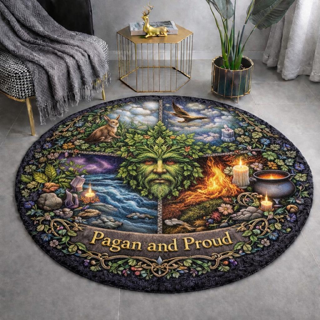Round Pagan and Proud rug with a Green Man design, nature scenes, and a dark border.