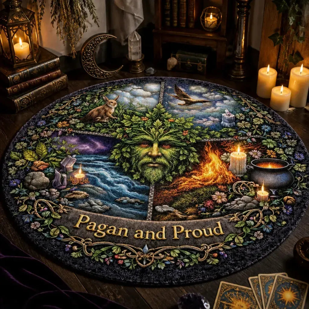 Pagan and Proud Round Rug Green Man Wiccan Carpet for Pagan Yule Home Decor_mockup_3.webp