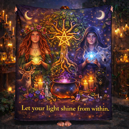 Purple Pagan Wicca Goddess blanket with Tree of Life, two goddesses, wolf, deer, cat, and "Let your light shine from within" text.