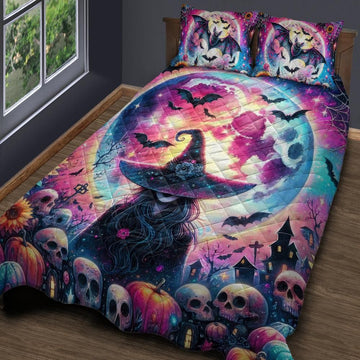 Pastel Skull Bat Witch Gothic Quilt Bedding Set for Halloween-MoonChildWorld