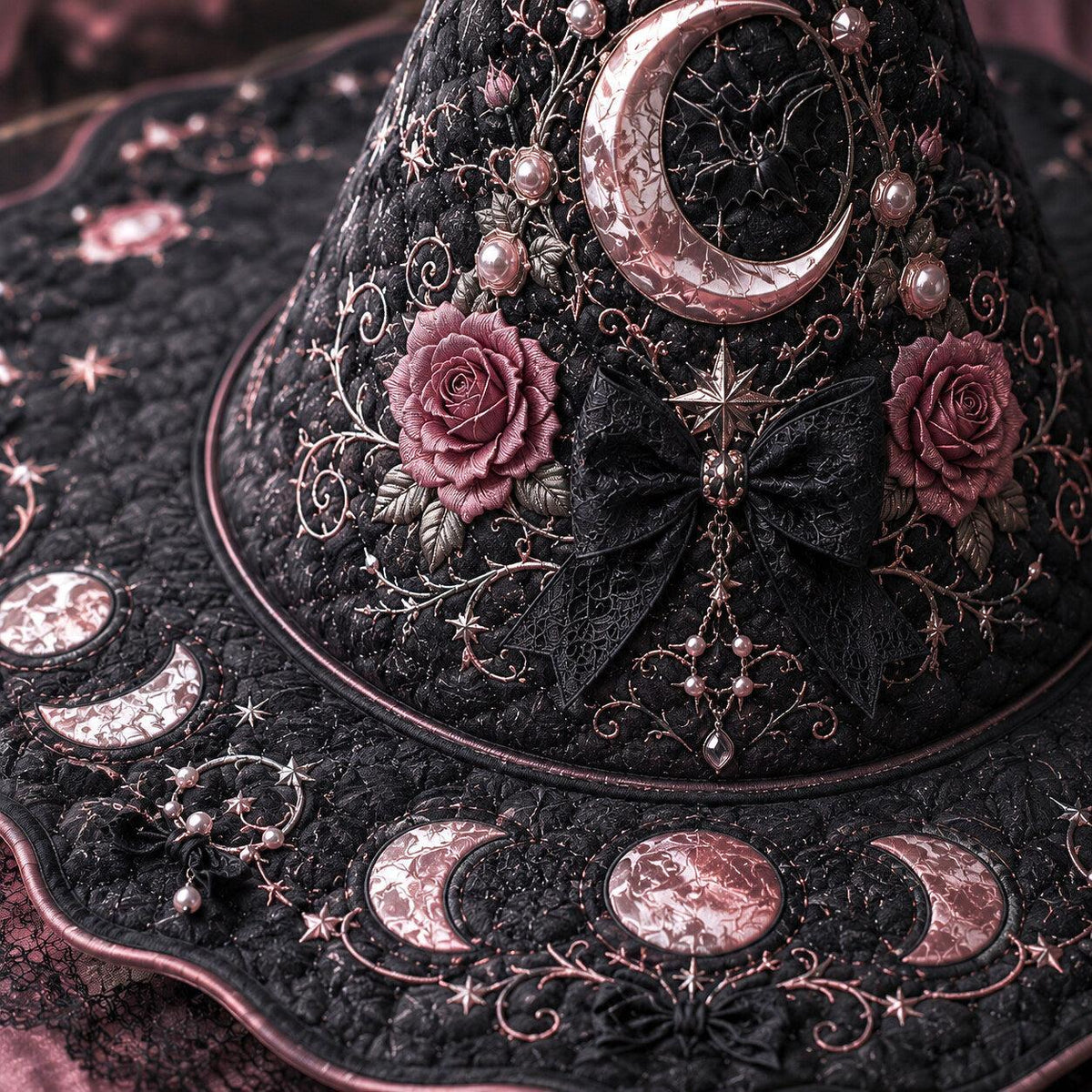 Pearl Crescent Witch Hat – Celestial Rose Moon Phase Brim Hat – quilting and print detail