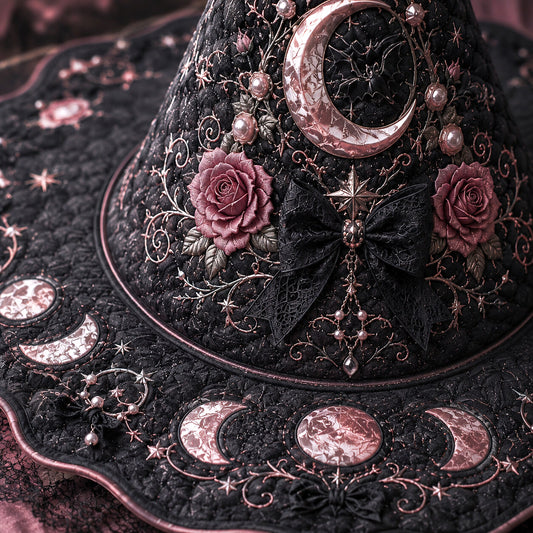 Pearl Crescent Witch Hat – Celestial Rose Moon Phase Brim Hat – quilting and print detail