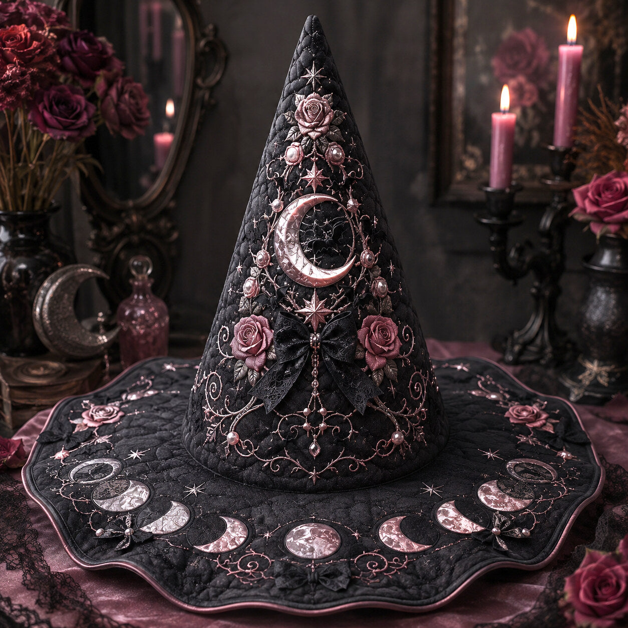 Pearl Crescent Witch Hat – Celestial Rose Moon Phase Brim Hat – on an altar table