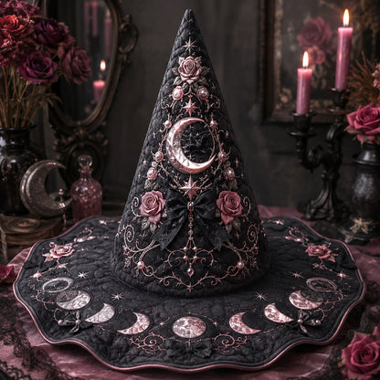 Pearl Crescent Witch Hat – Celestial Rose Moon Phase Brim Hat – on an altar table