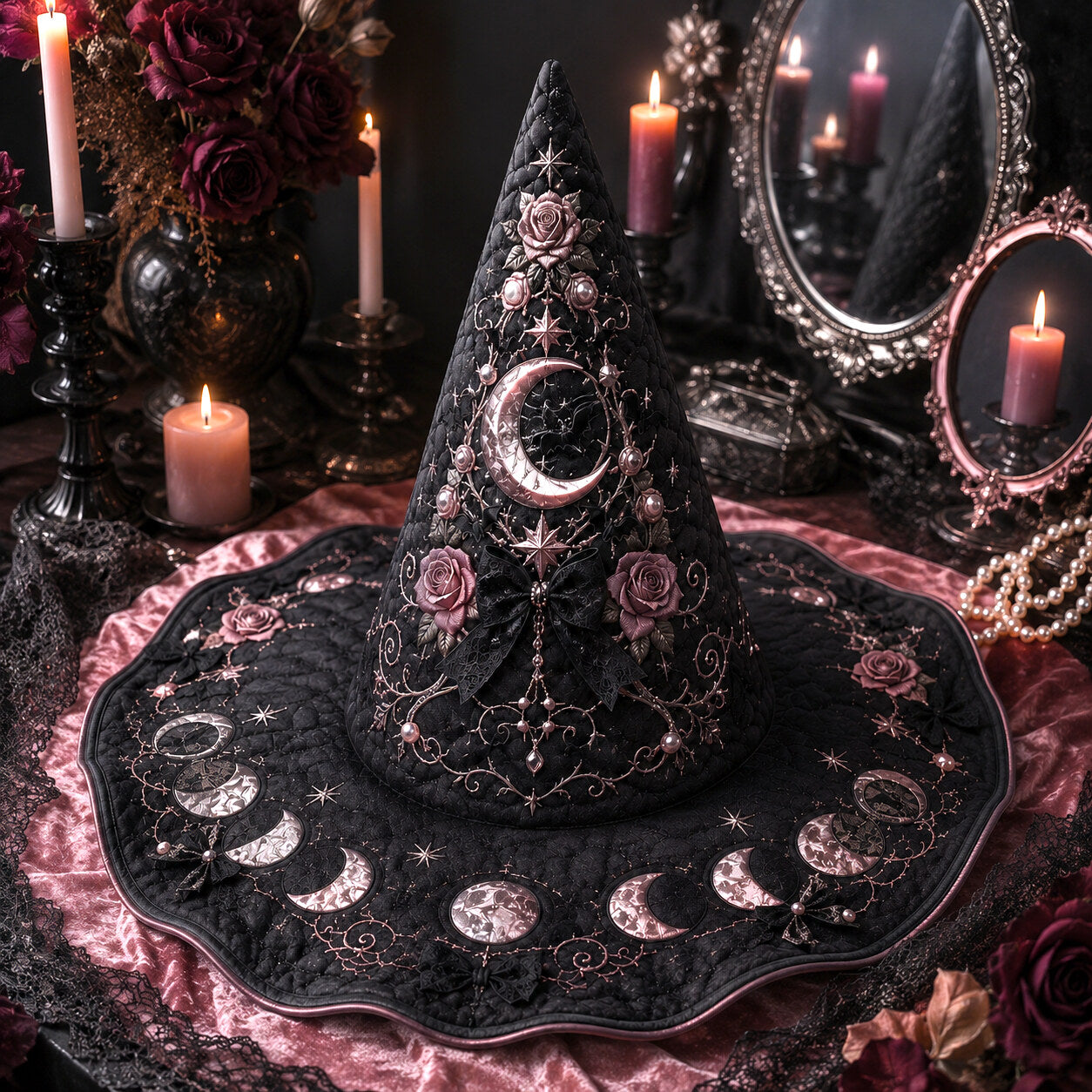 Pearl Crescent Witch Hat – Celestial Rose Moon Phase Brim Hat – styled with candles and crystals