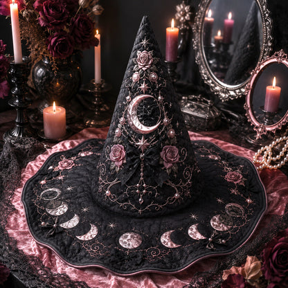 Pearl Crescent Witch Hat – Celestial Rose Moon Phase Brim Hat – styled with candles and crystals