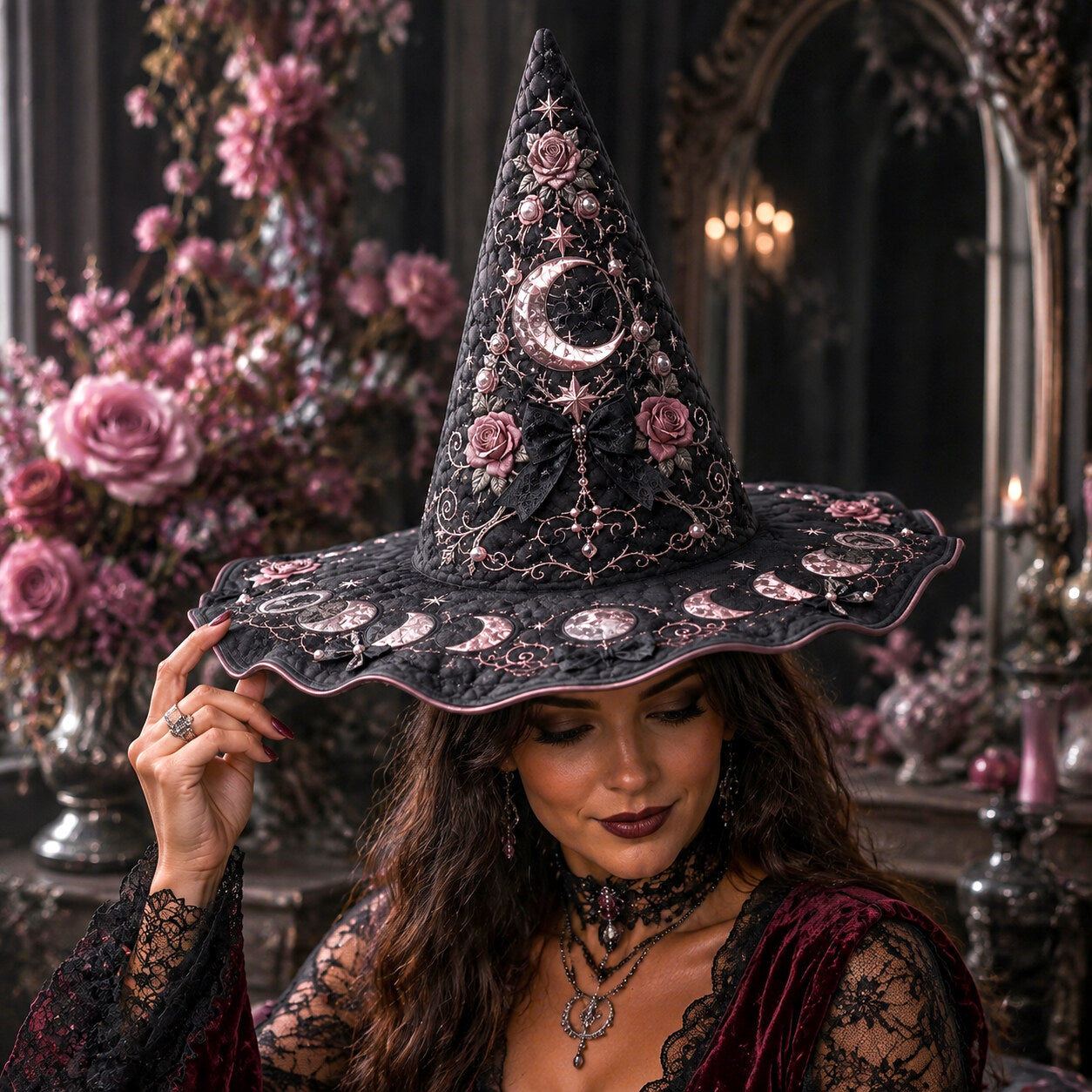 Pearl Crescent Witch Hat – Celestial Rose Moon Phase Brim Hat – worn, front view