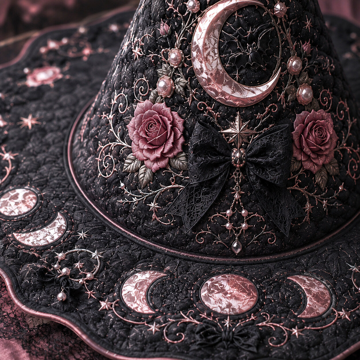Pearl Crescent Witch Hat – Celestial Rose Moon Phase Brim Hat – quilting and print detail