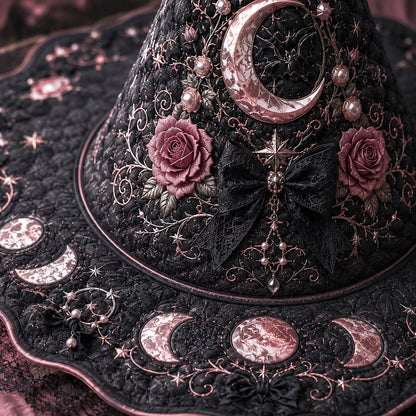 Pearl Crescent Witch Hat – Celestial Rose Moon Phase Brim Hat – quilting and print detail