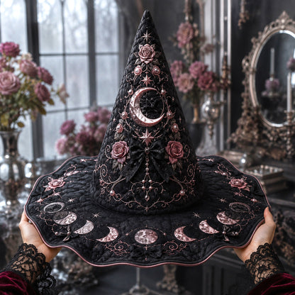 Pearl Crescent Witch Hat – Celestial Rose Moon Phase Brim Hat – held in both hands