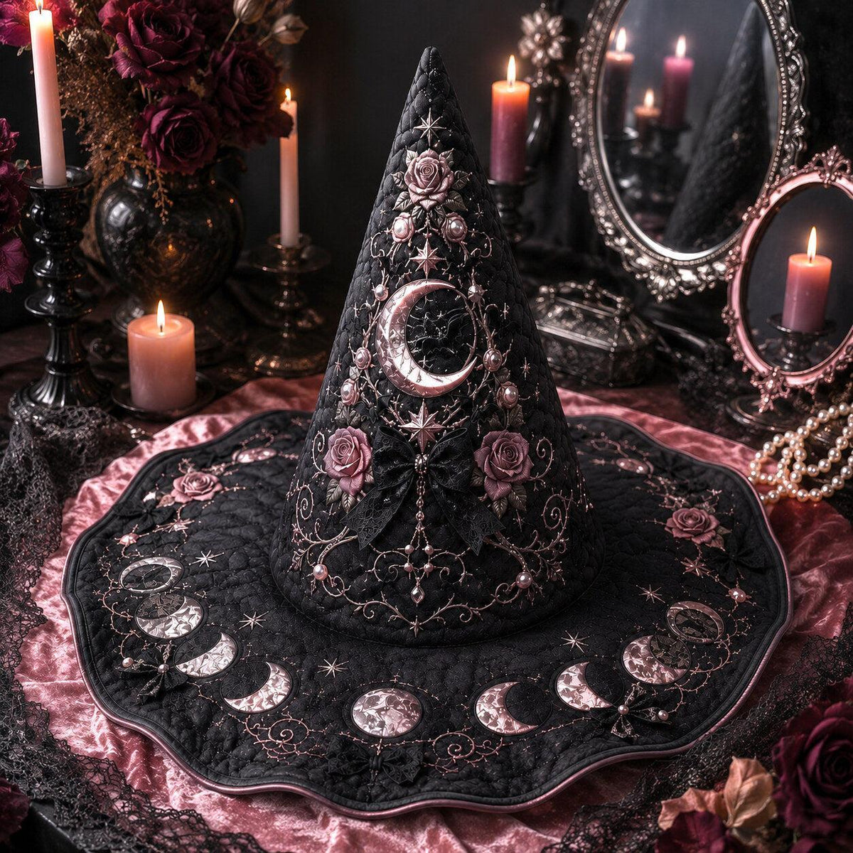 Pearl Crescent Witch Hat – Celestial Rose Moon Phase Brim Hat – styled with candles and crystals