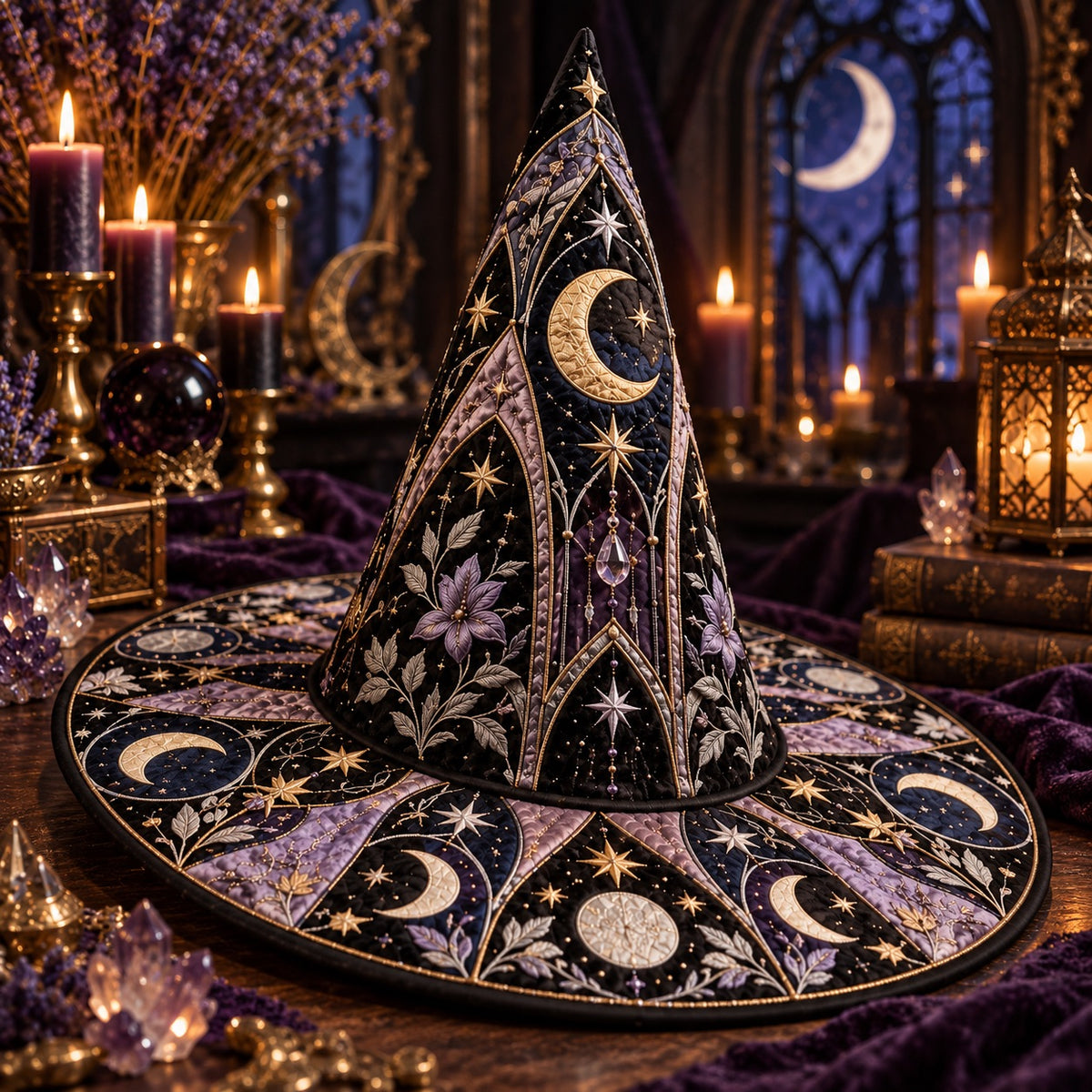 Pendulum Moon Quilted Witch Hat – Gothic Divination Wide Brim Hat – styled with candles and crystals