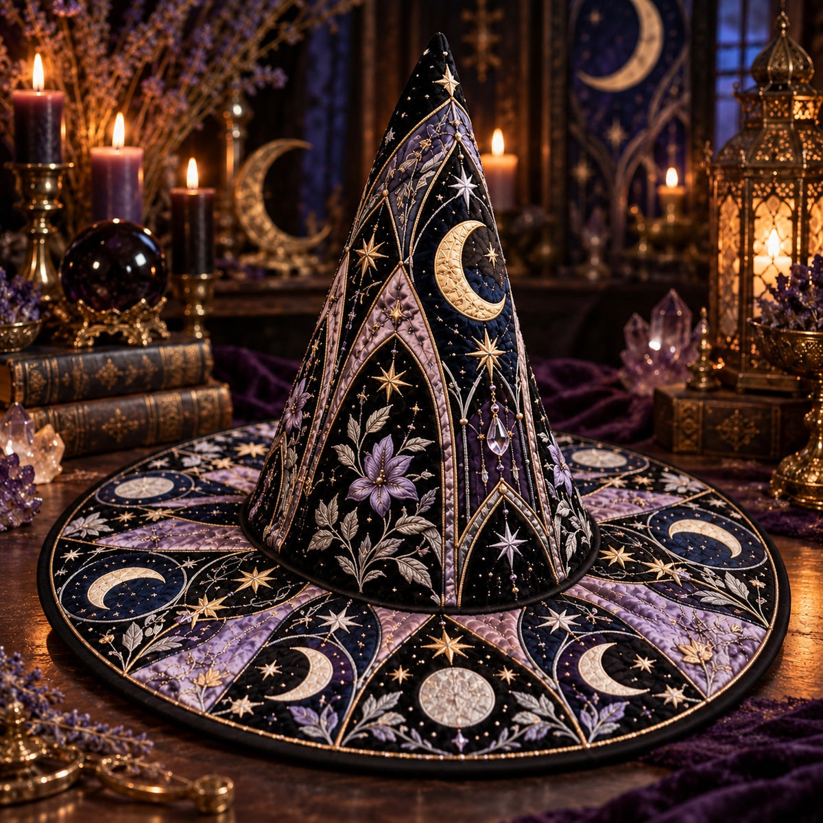 Pendulum Moon Quilted Witch Hat – Gothic Divination Wide Brim Hat – styled with candles and crystals