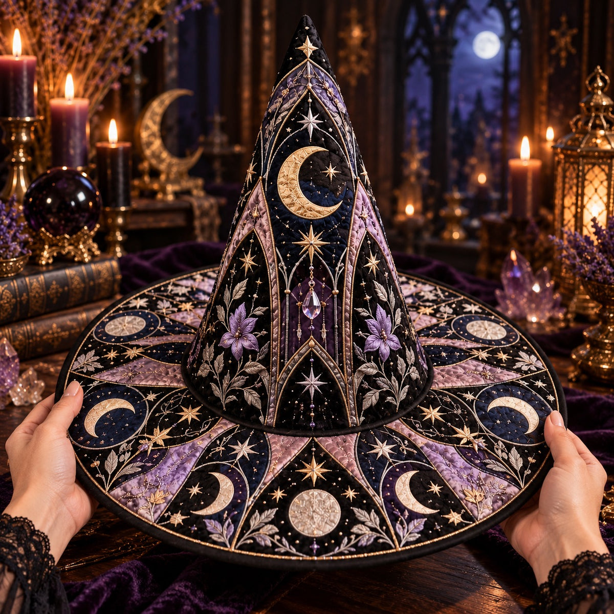 Pendulum Moon Quilted Witch Hat – Gothic Divination Wide Brim Hat – held in both hands
