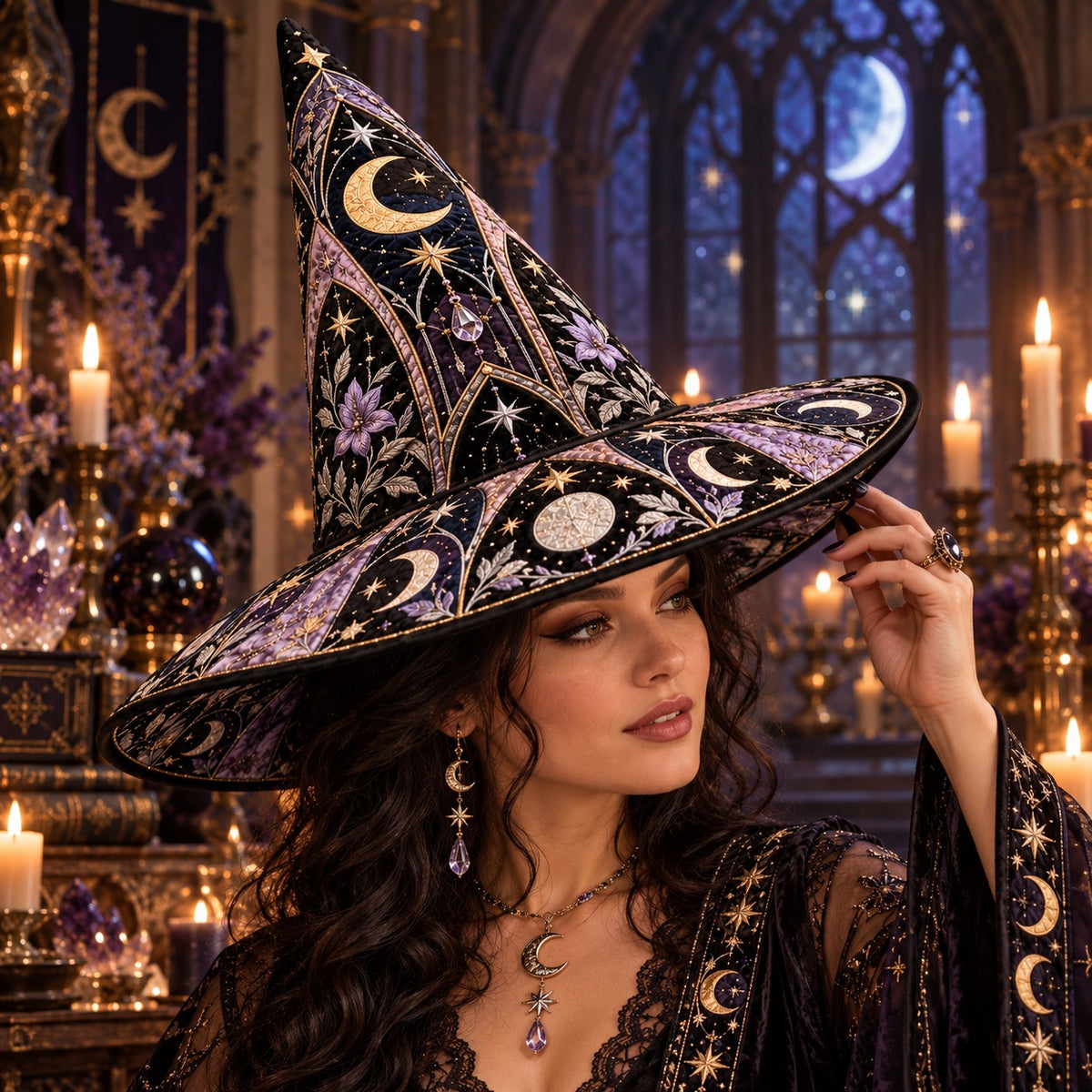 Pendulum Moon Quilted Witch Hat – Gothic Divination Wide Brim Hat – worn by a model