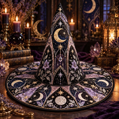 Pendulum Moon Quilted Witch Hat – Gothic Divination Wide Brim Hat – styled with candles and crystals