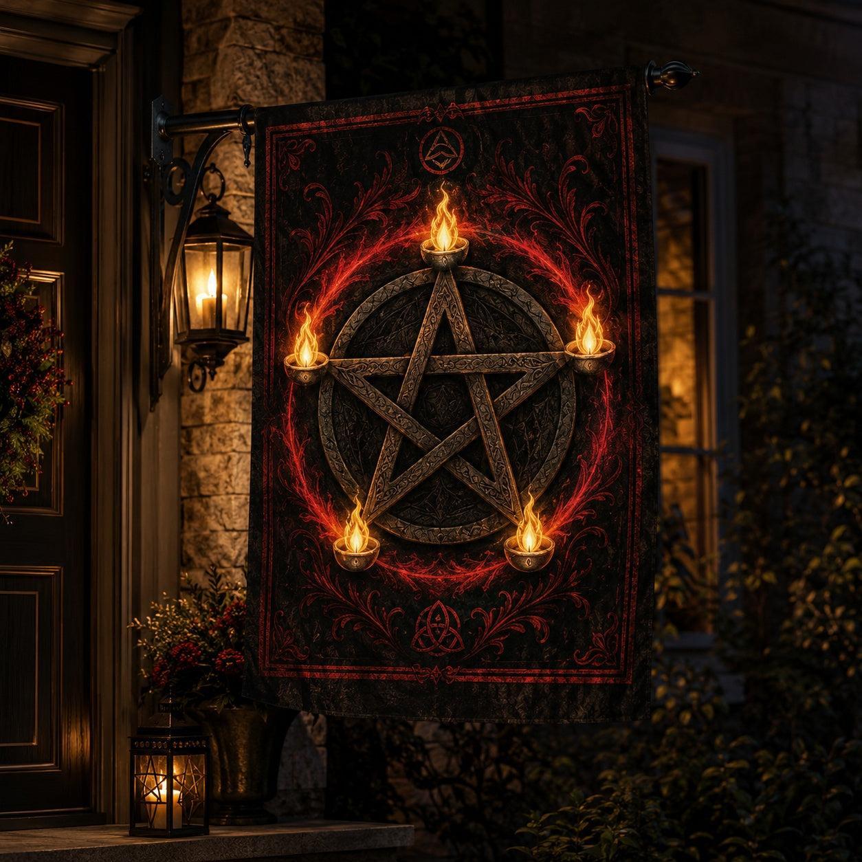 Pentacle Candle Flame house flag with Blood Moon Ring protection design