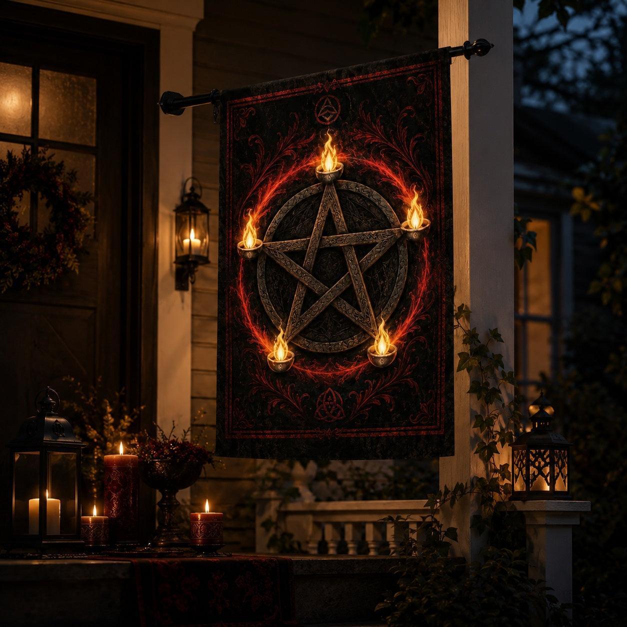 Close-up of Pentacle Candle Flame house flag showing blood moon artwork