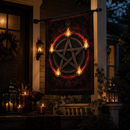 Close-up of Pentacle Candle Flame house flag showing blood moon artwork