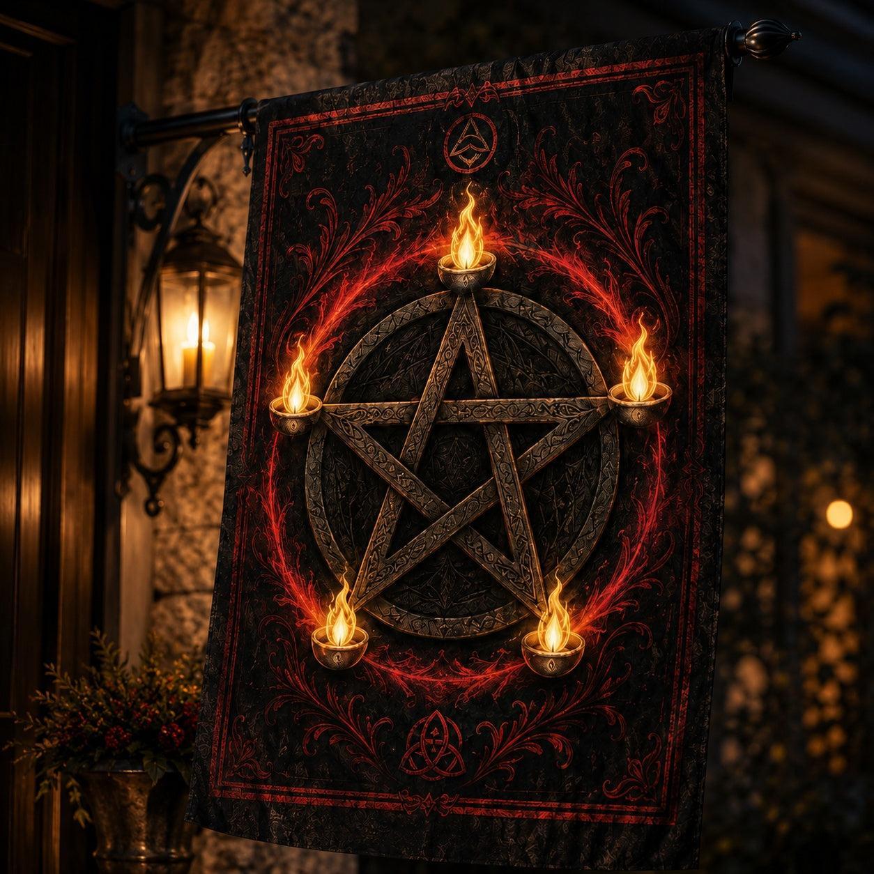 Pentacle Candle Flame house flag displayed outdoors on a garden flag stand