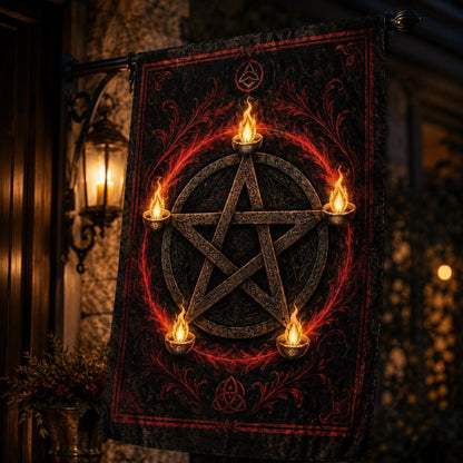 Pentacle Candle Flame house flag displayed outdoors on a garden flag stand