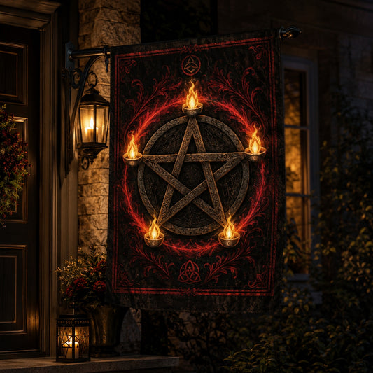 Pentacle Candle Flame house flag with Blood Moon Ring protection design