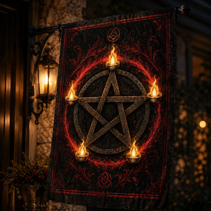 Pentacle Candle Flame house flag displayed outdoors on a garden flag stand