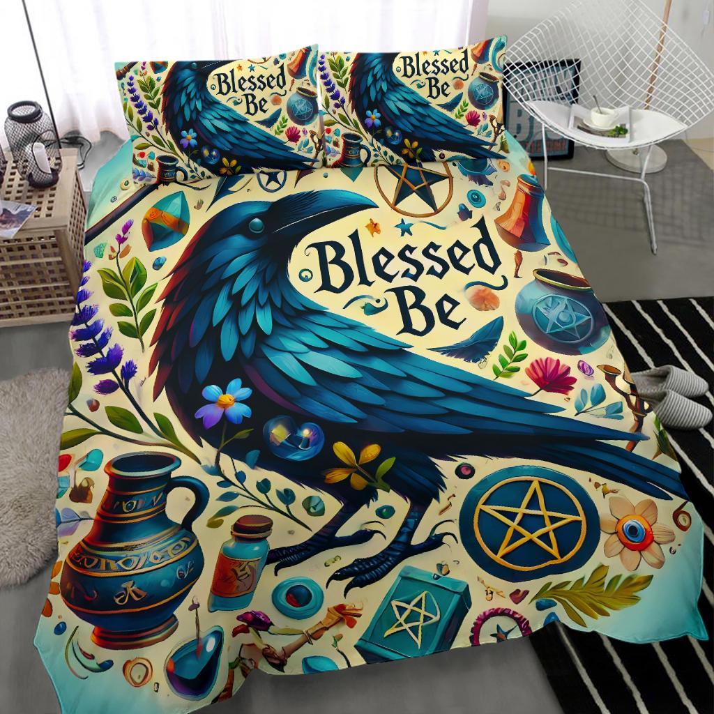 Pentacle Cauldron Wicca Black Raven Witchy Bedding Set-MoonChildWorld