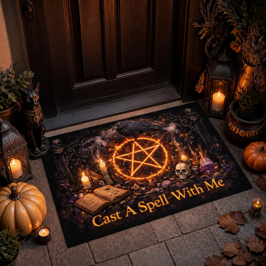 Pentacle & Dark Raven Gothic Witchcraft Doormat – Witchy Halloween Welcome Mat for Witch Decor_mockup_1.webp
