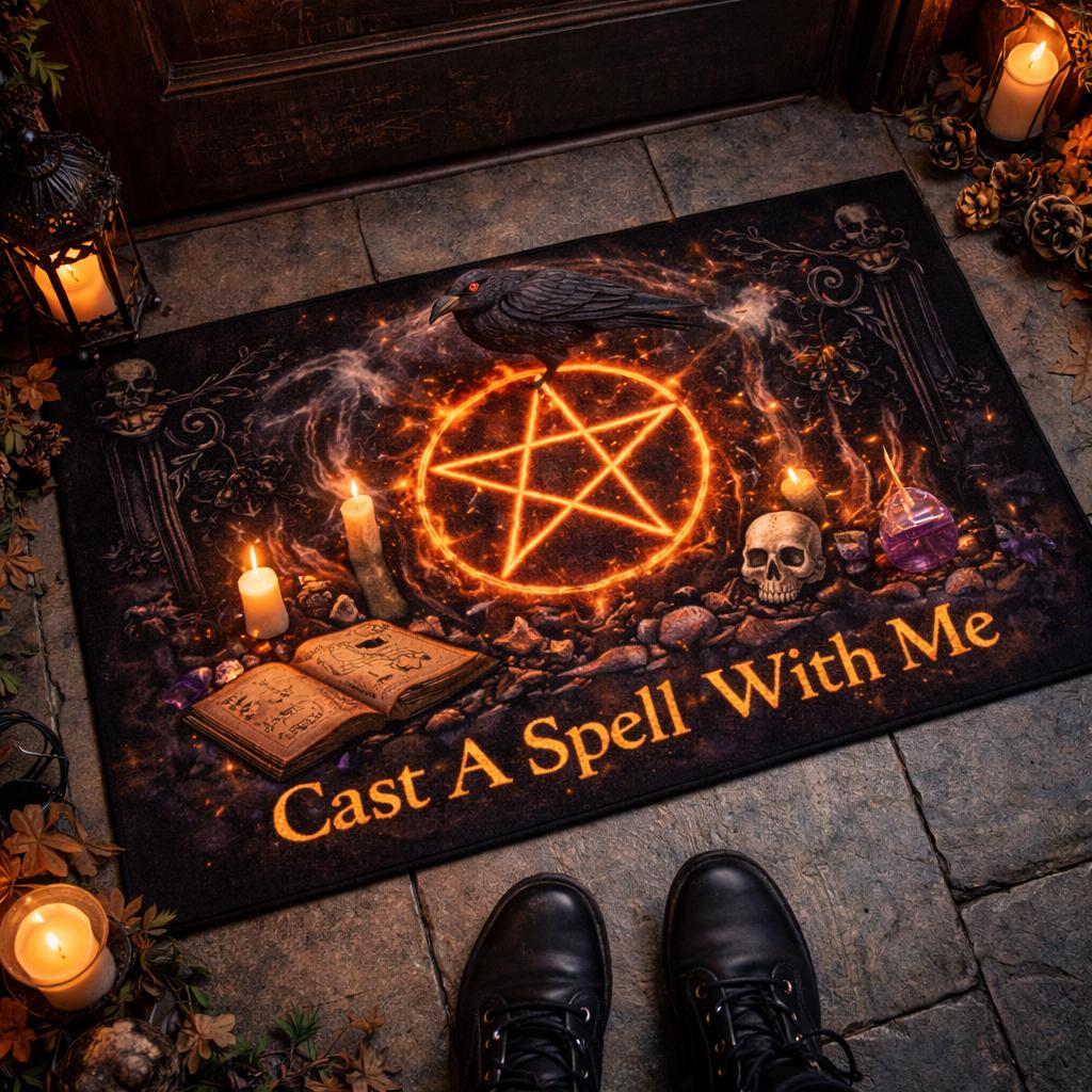 Black gothic witchcraft doormat with an orange glowing pentacle, raven, skulls, candles, and "Cast A Spell With Me" text.