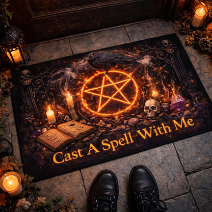 Black gothic witchcraft doormat with an orange glowing pentacle, raven, skulls, candles, and "Cast A Spell With Me" text.