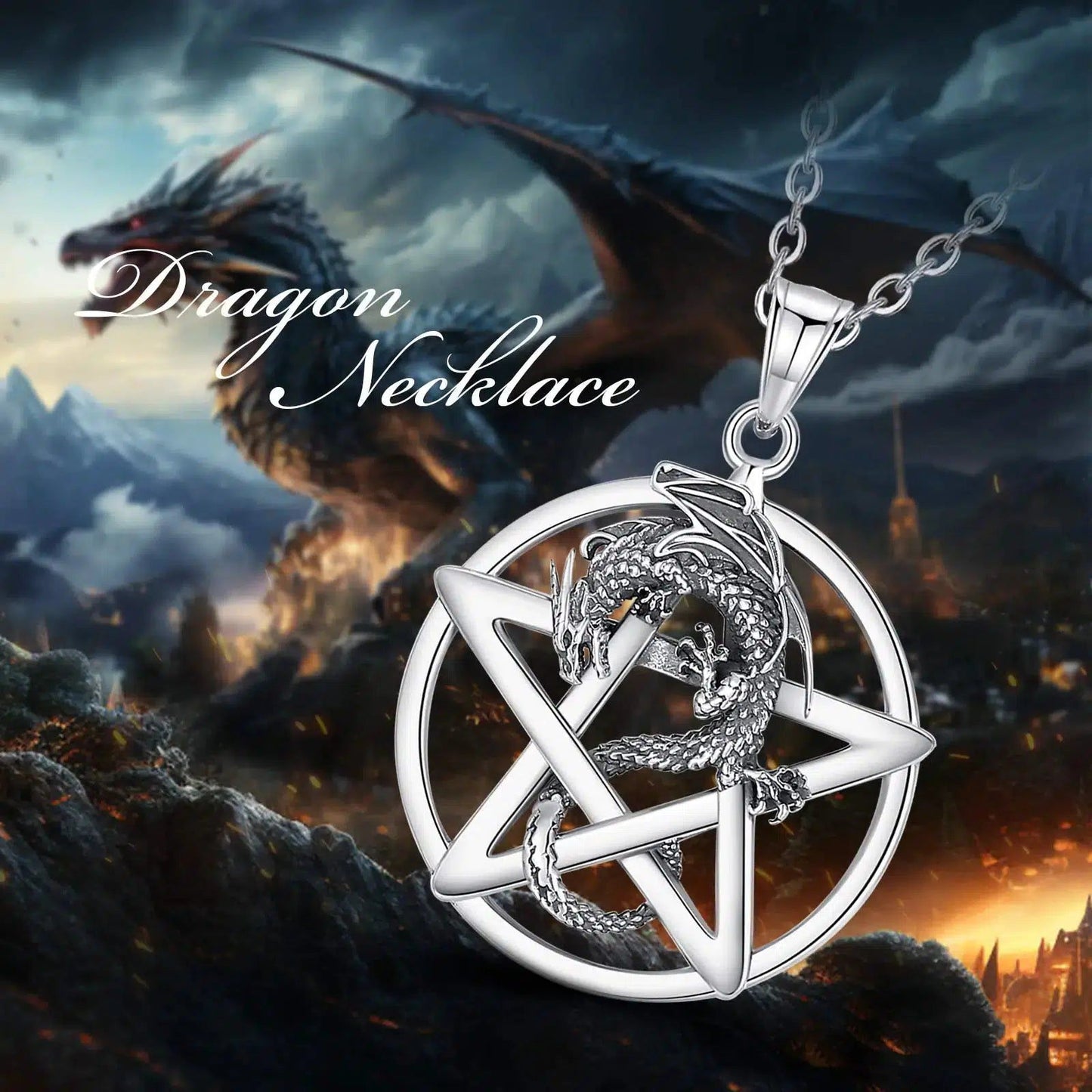Striking 925 sterling silver Pentacle Dragon Necklace, featuring a fierce dragon wrapped around a sacred pentacle.