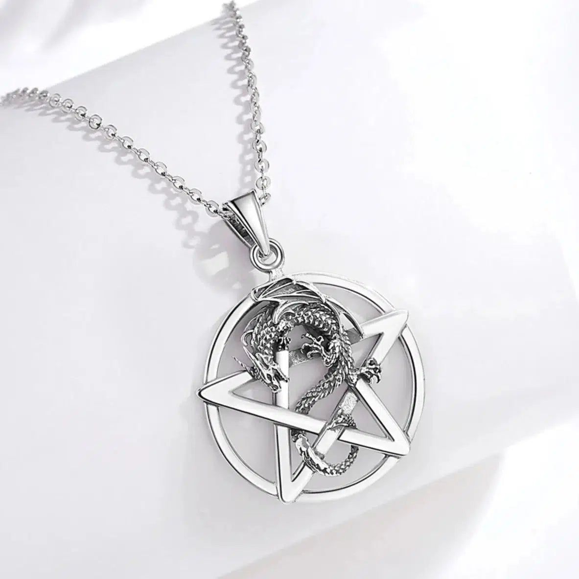 Striking 925 sterling silver Pentacle Dragon Necklace, a pagan pentacle with a fierce dragon.
