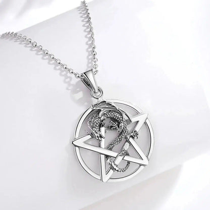 Striking 925 sterling silver Pentacle Dragon Necklace, a pagan pentacle with a fierce dragon.
