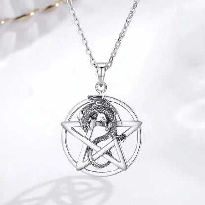 Striking 925 sterling silver Pentacle Dragon Necklace, featuring a fierce dragon wrapped around a sacred pentacle.