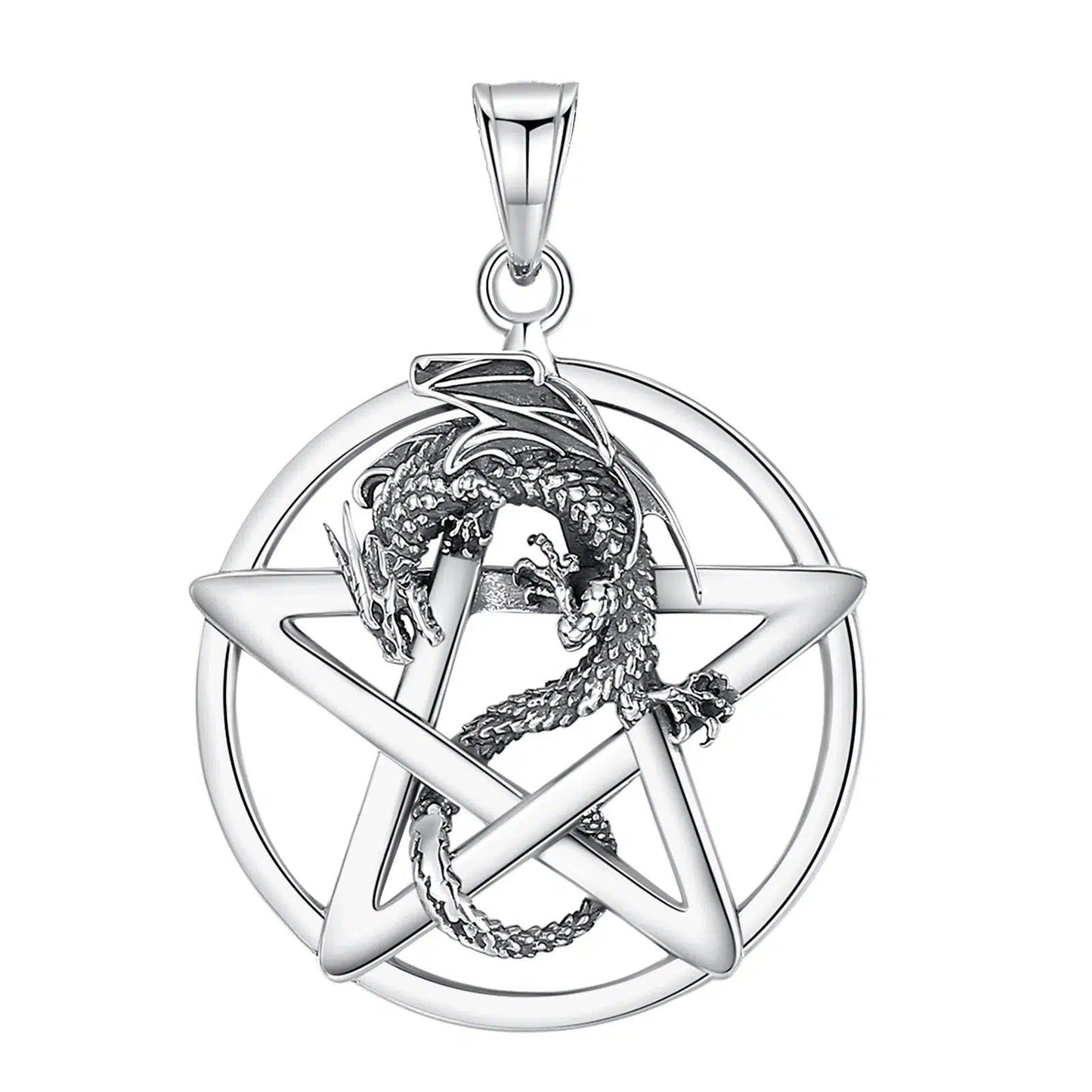 Striking 925 sterling silver Pentacle Dragon Necklace, a powerful 36.9 × 26.5 mm pagan pentacle pendant.