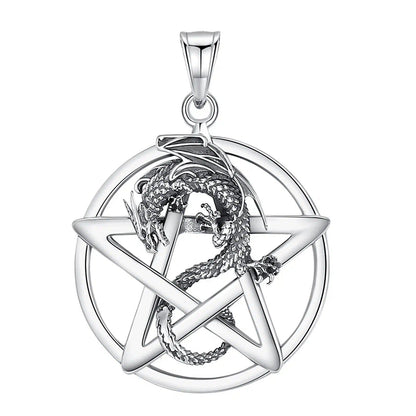 Striking 925 sterling silver Pentacle Dragon Necklace, a powerful 36.9 × 26.5 mm pagan pentacle pendant.